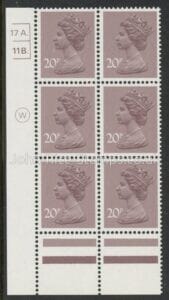 X999 (UG49)  Waddington 20p  dull purple. Cyld. 17A 11B  dot   U/M (MNH)