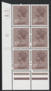 X999 (UG49)  Waddington 20p  dull purple. Cyld. 20A 13B  dot. U/M (MNH)