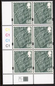 NI101 68p linen. Cyld. C1x4 blue fluor R1 C1 printed by Cartor U/M (MNH)