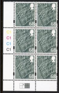 NI101 68p linen. Cyld. C1x4 R1 C2 blue fluor printed by Cartor U/M (MNH)