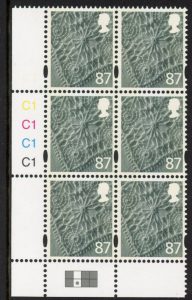 NI103 87p linen. Cyld. C1x4 blue fluor R2 C2 printed by Cartor U/M (MNH)