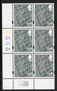 NI106 £1.00p 2B linen Cyld. C1 x 4   phos. C1  - R2 C2 printed by Cartor U/M (MNH)