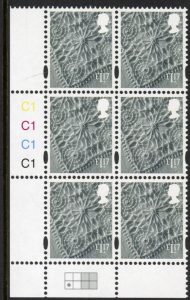 NI159  £1.17 linen. (new font) Cyld. C1x4   blue fluor R2 C1  printed by Cartor U/M (MNH)