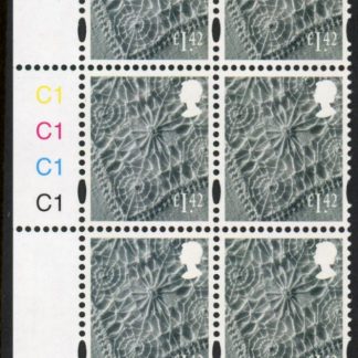 NI165  £1.42 linen. (new font) Cyld. C1x4   blue fluor R1 C1  printed by Cartor U/M (MNH)