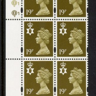 NI69  19p CB bistre  yellow fluor. Cyld. Q1 Q1 . printed by Questa U/M (MNH)