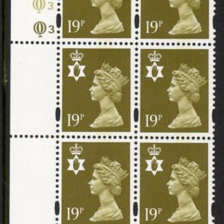 NI69 19p CB bistre 'blue fluor' Cyld. Q3 Q3   printed by Questa U/M (MNH)