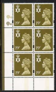 NI69 19p CB bistre 'blue fluor' Cyld. Q4 Q4   printed by Questa U/M (MNH)