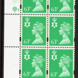 NI77  63p 2B light emerald  blue fluor Cyld. Q1 Q1 . printed by Questa U/M (MNH)
