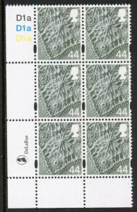 NI99  44p linen. Cyld. D1a x 3    phos. D1a blue fluor   printed by DLR U/M (MNH)