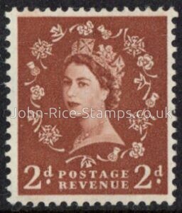 SG.613 2d light red-brown 1 side band (ex sheet). Crowns watermark. U/M (MNH)
