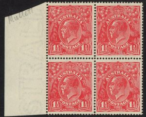 1924 Australia SG.77 (ACS89(29)e) 1½d scarlet triangular flaw in right value tablet. top left stamp. U/M (MNH).