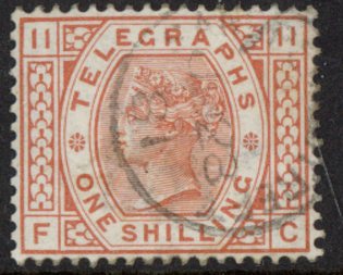 SG. T10  1/- brown-orange plate 11 letters 'FC' fine used.