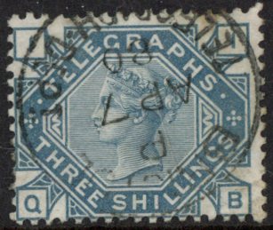 SG.T11 3/- slate blue plate 1 Letters QB fine used