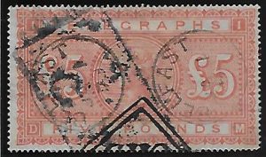SG.T18 £5.00 orange plate 1 letters DM cancelled with 'block cancel & 'Belfast' CDS.
