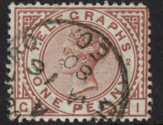 SG.T2 1d red-brown plate 2 letters 'GI' fine used.