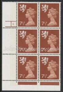 S25  Scotland 7½p chestnut.   cyld. 6 no dot phos 10. Harrison.  U/M (MNH)