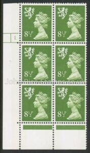 S27  Scotland 8½p yellow-green.   cyld. 1 dot phos 21. Harrison.  U/M (MNH)