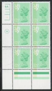 S38  Scotland 12½p light emerald.   cyld. 6A6B no dot. Waddington.  U/M (MNH)