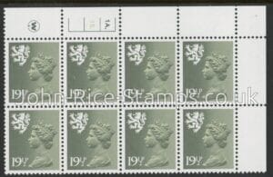 S45 Scotland 19½p olive-grey. perf 14 cyld. 1A1B  dot. Waddington.  U/M (MNH)
