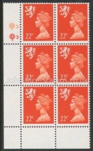 S66  Scotland 22p  bright orange-red perf 15x14 cyld. Q3 Q3   Questa  U/M (MNH)