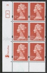 Y1800 (UC18)  DLR £1.50 red  Cyld. 3 no dot (3)  U/M (MNH)