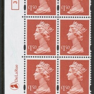 Y1800 (UC18)  DLR £1.50 red  Cyld. 3 no dot (3)  U/M (MNH)