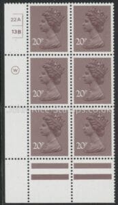 X999 (UG49)  Waddington 20p  dull purple.  Cyld. 22a13b  no dot    U/M (MNH)