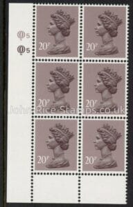 X1014 (UG50)  Questa 20p  dull purple.  perf L(I)  Cyld. Q5Q5    U/M (MNH)
