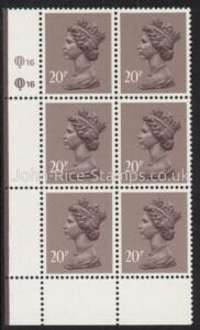 X1014 (UG50)  Questa 20p  dull purple.  perf L(P)  Cyld. Q16Q16    U/M (MNH)