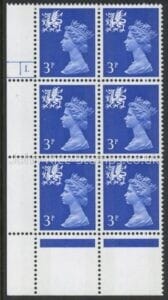 W14eg Wales  3p 2B  ultramarine (gum arabic) cyld. 1 dot   Harrison U/M (MNH)
