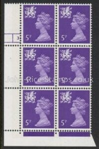 W19  Wales 5p  2B reddish violet cyld. 3 dot  Phos 12 Harrison. U/M (MNH)