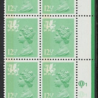 W37  Wales 12½p type 1   side band. light emerald. perf 14 cyld. Q1Q1 Row 20   Questa. U/M (MNH)