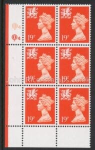 W50  Wales 19p phos.(ACP pva white back) bright orange-red. cyld. Q4Q4   Questa. U/M (MNH)