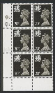 W52  Wales 20p phos.(ACP PVAD) brownish black. cyld. Q2Q2   Questa. U/M (MNH)