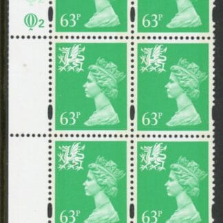 W78 Wales  63p 2B   light emerald  Cyld. Q2Q2  Questa U/M (MNH)