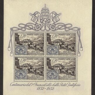 1952 Vatican MS 176a Centenary of First Papal States Mini Sheet U/M (MNH) Cat. Value £400