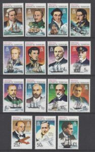 1973-4 British Antarctic. SG.44-58 Explorers. 15 values U/M (MNH)