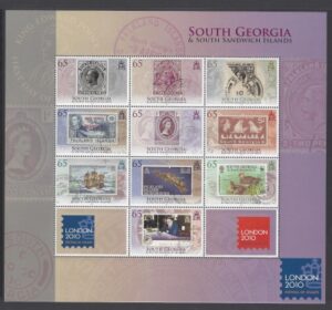 2010 South Georgia - London 2010 Festival of Stamps SG.492/501 Set 10 values Sheetlet U/M (MNH)