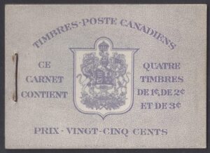 1942 Canada KGVI booklet with French Text SB37a contains 3panes of 4 each with 2 Labels SG.375a,376a,377a u/m