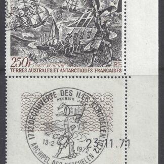 1971 French Antarctic - SG.79 'Hoisting The Flag on Kerguglen' very fine used including additional postmark on tab.