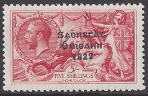 1928 Ireland KGV  SG.87 5/- rose red lightly mounted mint.
