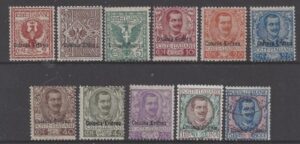 1893 Eritrea - SG.19-29 set 11 values - King Victor Emmanuel III of Italy overprinted 'Colonia Eritrea' mounted mint (SG.29 5L blue & rose is very fine used.)