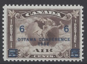 1932 Canada SG.318 6c on 5c deep brown. Ottawa Conference 1933 (SG.310 surcharged) u/m (MNH)