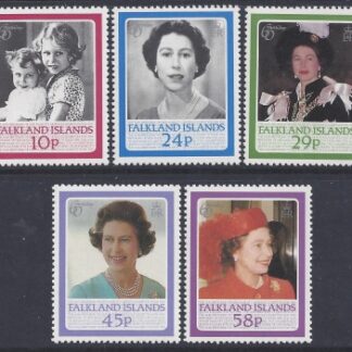 1986 Falkland Islands.  SG.522-6  60th Birthday Queen Elizabeth II  set 5 values U/M (MNH)