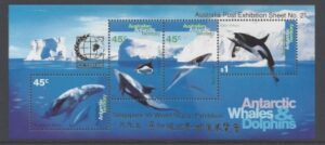 1995 Australian Antarctic MS.112 Whales & Dolphins. overprinted 'SINGAPORE'. mini sheet. U/M (MNH)