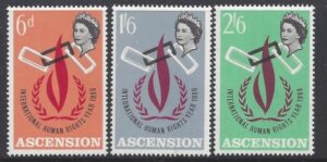 1968 Ascension Island. SG.110-2 Human Rights Year set 3 values U/M (MNH)