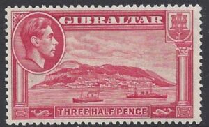1938-51 Gibraltar. SG.123a  KGVI.1½d carmine perf 13½ lightly mounted mint.