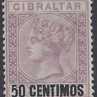 1889 Gibraltar  SG.20a  50c on 6d  bright lilac.  '5' short foot variety.   lightly mounted mint.