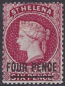 1864-80 St Helena SG.24 4d carmine 'Type B' overprint.words 16½ mm long. Perf 14½ x 12½ lightly mounted mint.