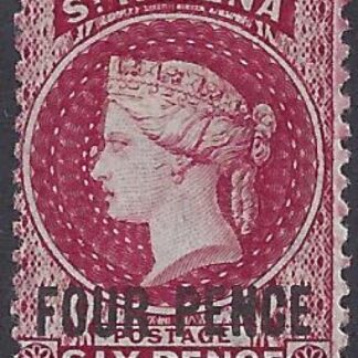 1864-80 St Helena SG.24 4d carmine 'Type B' overprint.words 16½ mm long. Perf 14½ x 12½  lightly mounted mint.